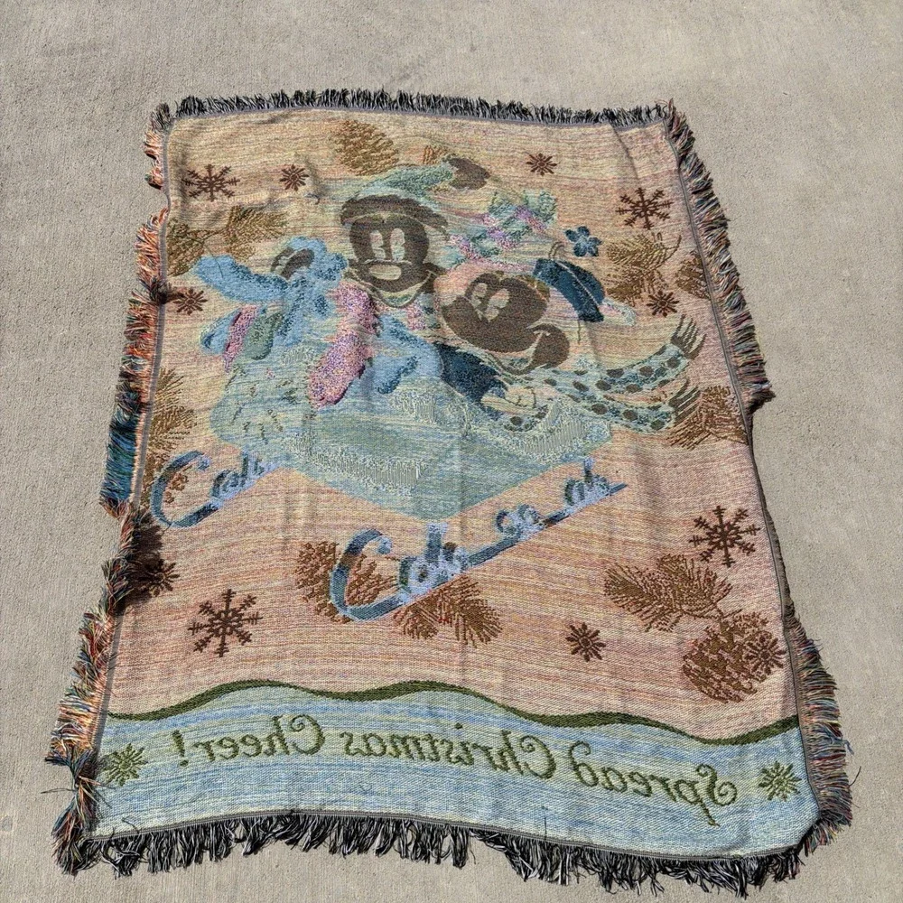 Disney Mickey Minnie Pluto Holiday Christmas Throw Blanket Blue Used